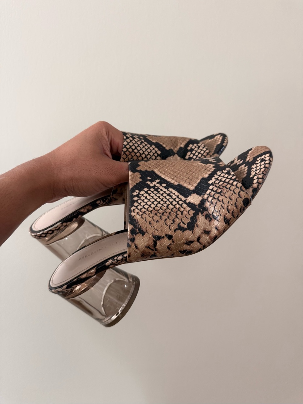 Zara Snake Print Mules in Tan and Black with Clear Block Heel
